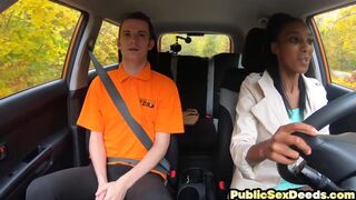 Ebony driving student fucked outdoor in car by her tutor