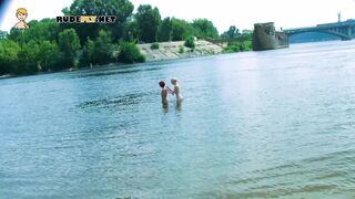 Skinny and young nudist ladies fool around on the beach