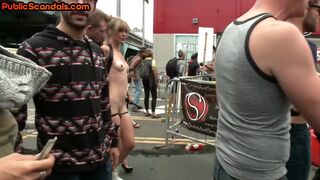 BDSM public slut with small boobs whipped outdoor on street