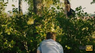 Girl Tempts Old Man And Gets It On With Him In The Greenery