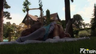 Two sexy babes with big boobs play with their shaved cunts outdoor