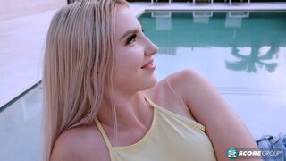 Tight, little blonde cutie gets her tight cunt stretched by an older guy outdoors until she has her pierced tongue coated with cum.