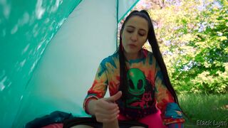 Brunette Hippie Makes Outdoor Handjob For Free