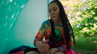 Brunette Hippie Makes Outdoor Handjob For Free