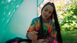 Brunette Hippie Makes Outdoor Handjob For Free