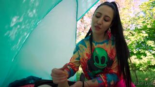 Brunette Hippie Makes Outdoor Handjob For Free