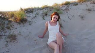 This Horny Bitch Strips Naked, Touches Her Vagina In The Dunes And Then Fingers Herself