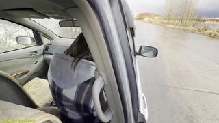 busty girl surprised me while jerking off in the car