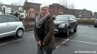 Short Hair British MILF Flashing and Pissing all Over Town for UK-Flashers