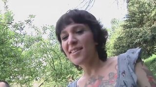 Tattooed Brunette Gets Spitroasted At Outdoor Sex Audition